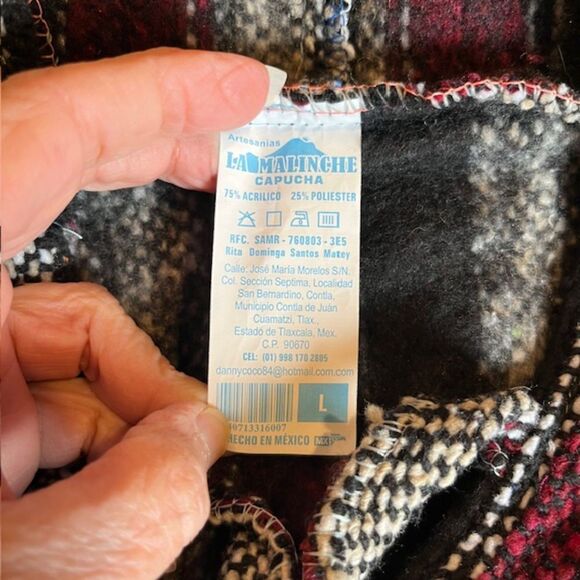 NWOT La Malinche Capucha Authentic Artisanias Poncho Burgundy Black L - Picture 6 of 7
